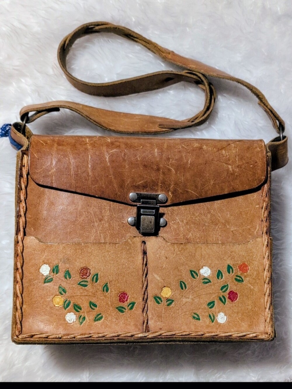 Vintage Tooled Leather Purse Painted Floral Shoulder Bag Hippie Boho Brown M/L